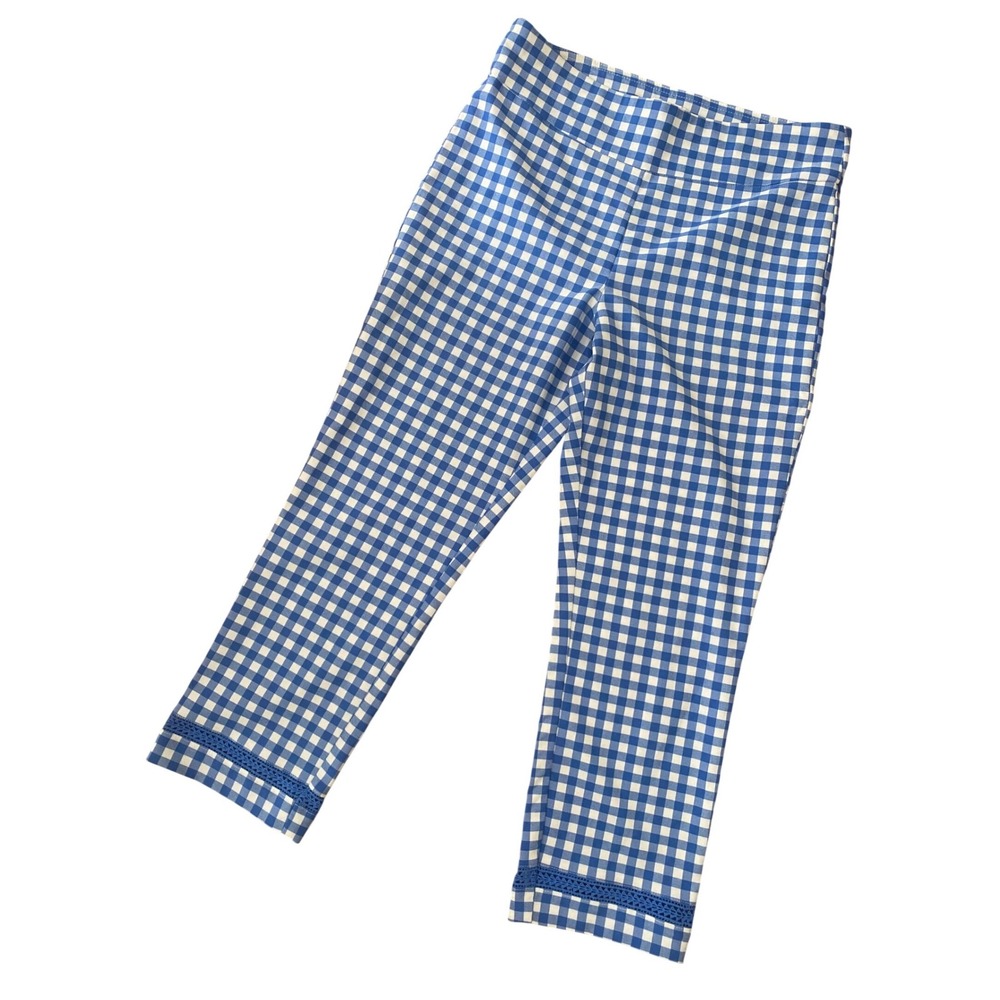 Crown & Ivy Blue Gingham Crop Pants Crochet Lace Trim Sz 12 Checkered coasal